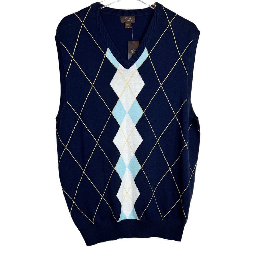 GOLF V-neck Sweater NWT by TASSO ELBA in Blue with White Trim Men's Large